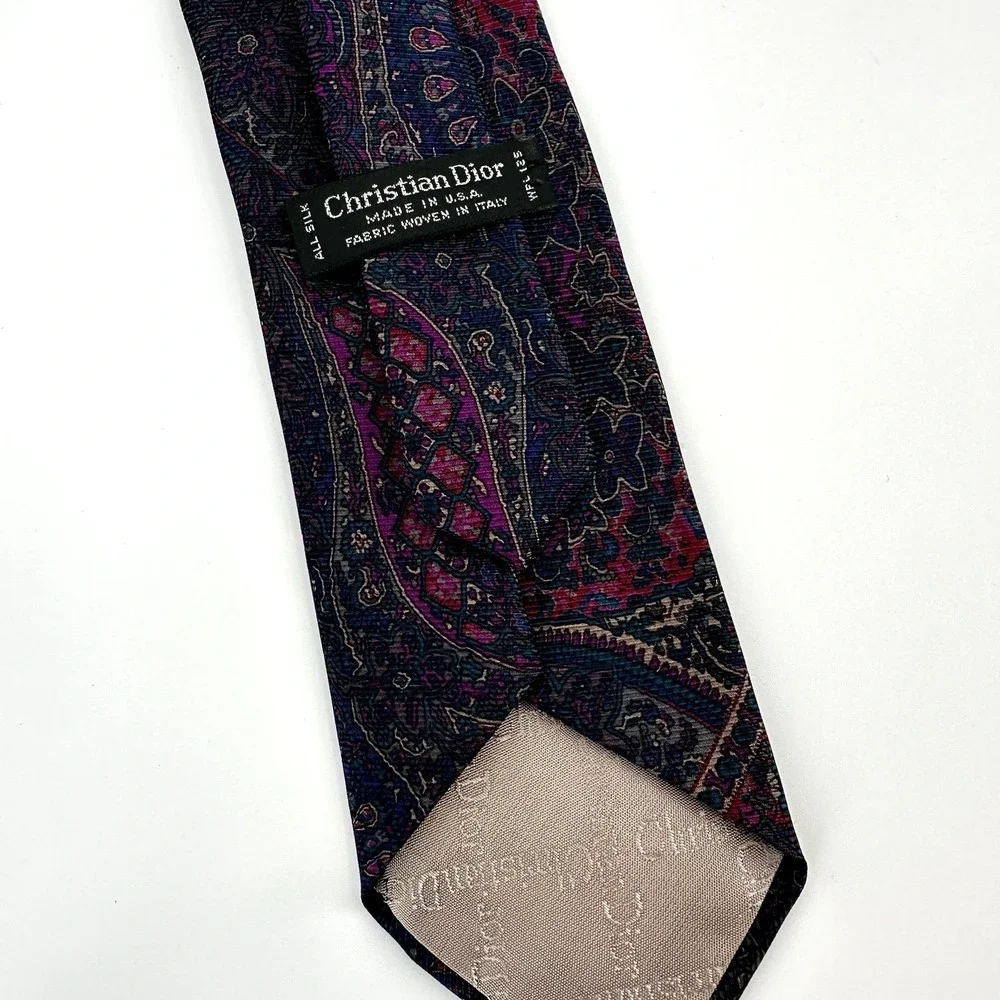 Christian Dior Mens Silk Tie Purple Blue Burgundy Paisley Made in USA 3.25